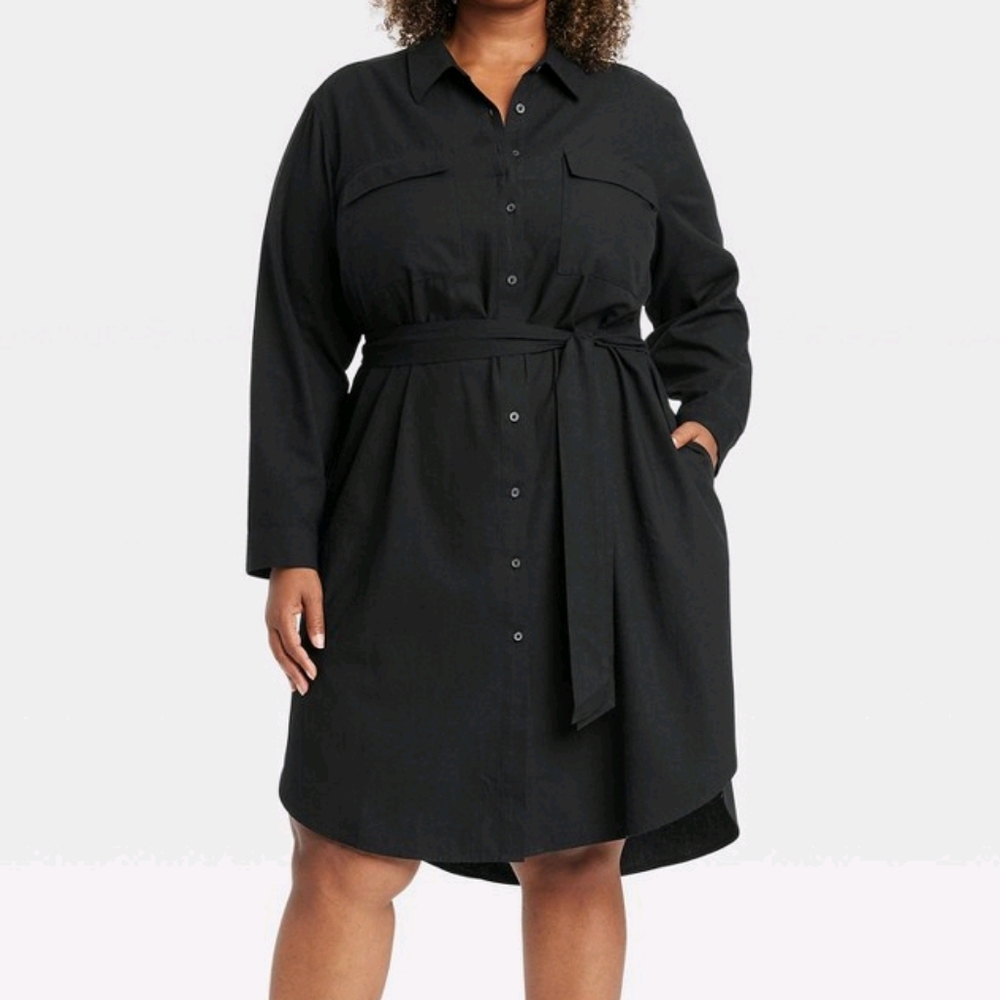 Ava & Viv Plus Size Button Down Black Midi Shirt Dress - XXL